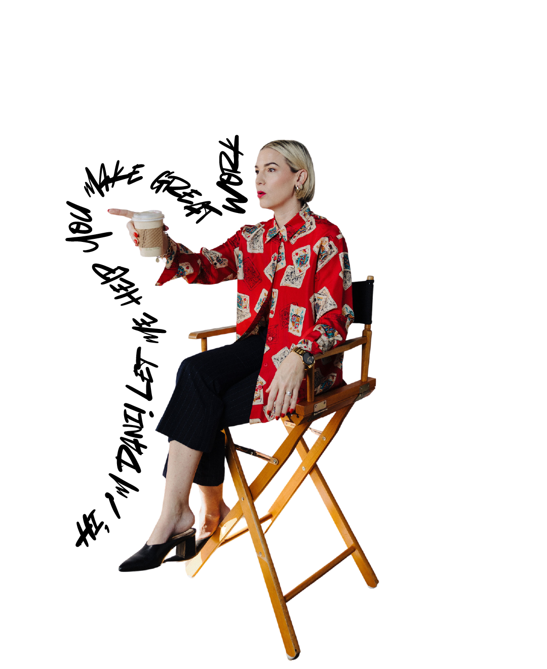 Dani Dufresne, founder of The Aux Co, sitting in a director's chair holding a coffee cup, representing founder-led creative production leadership and hands-on agency collaboration.