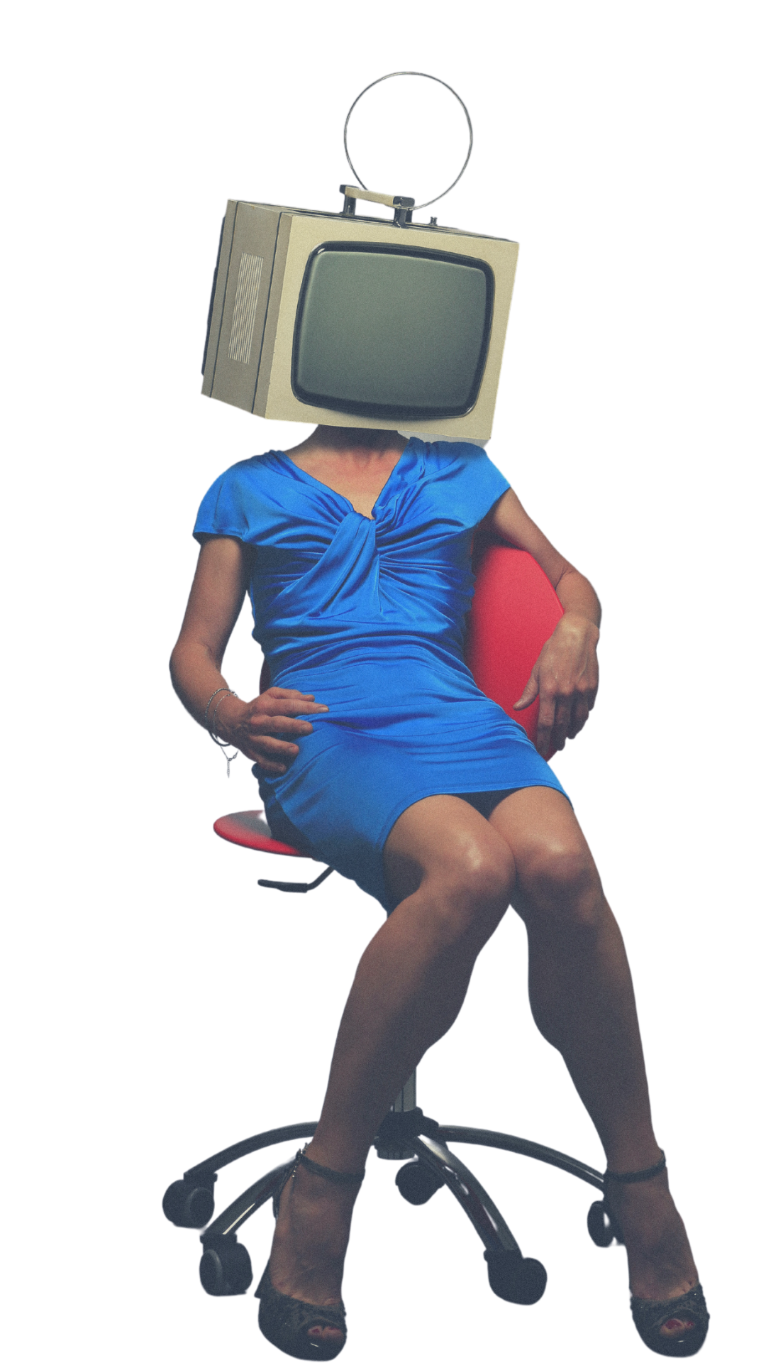 Person sitting on a red office chair with a vintage CRT television for a head, symbolizing outdated agency workflows that The Aux Co helps modernize through creative ops support.