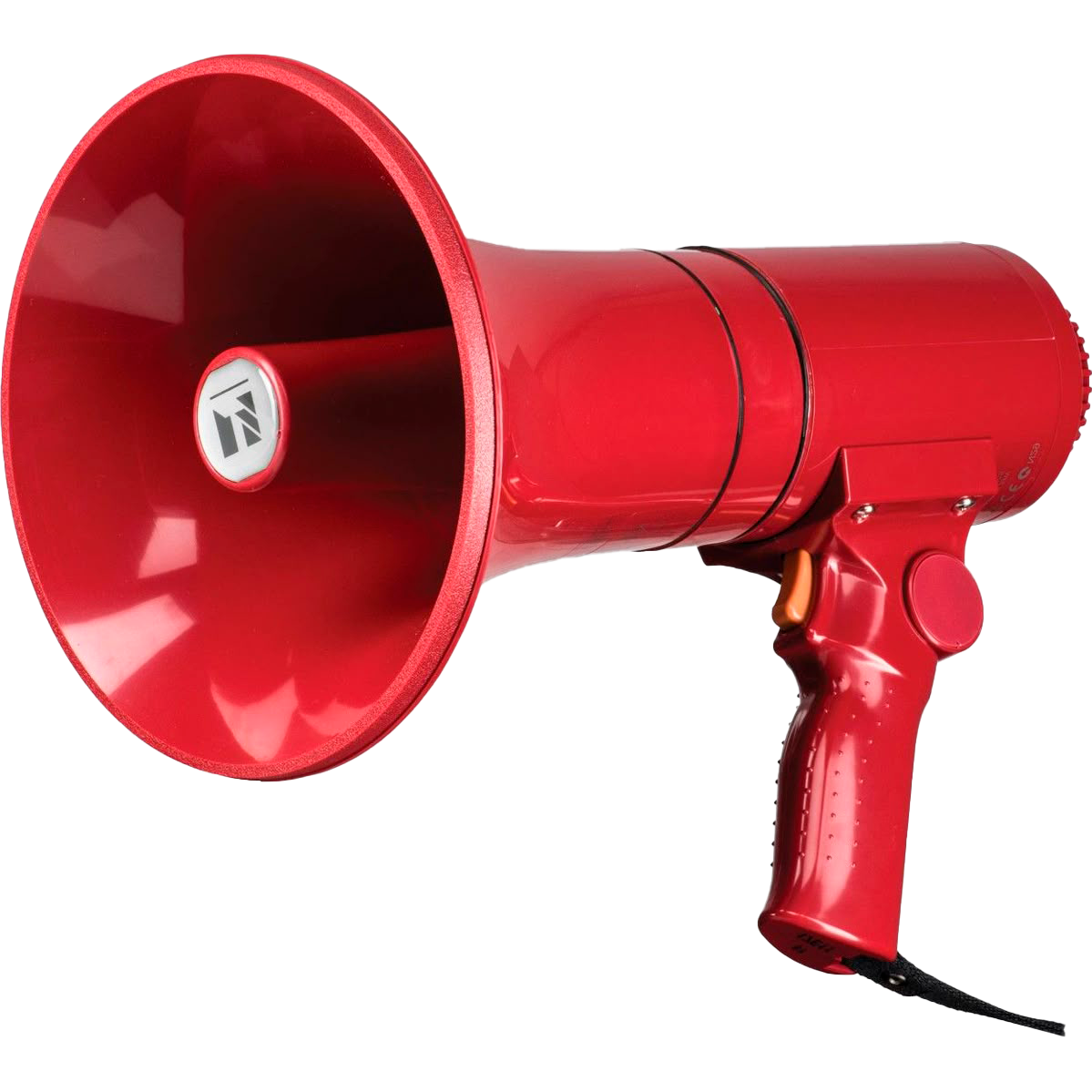 Red megaphone with black and white logo on the inside of the horn.
