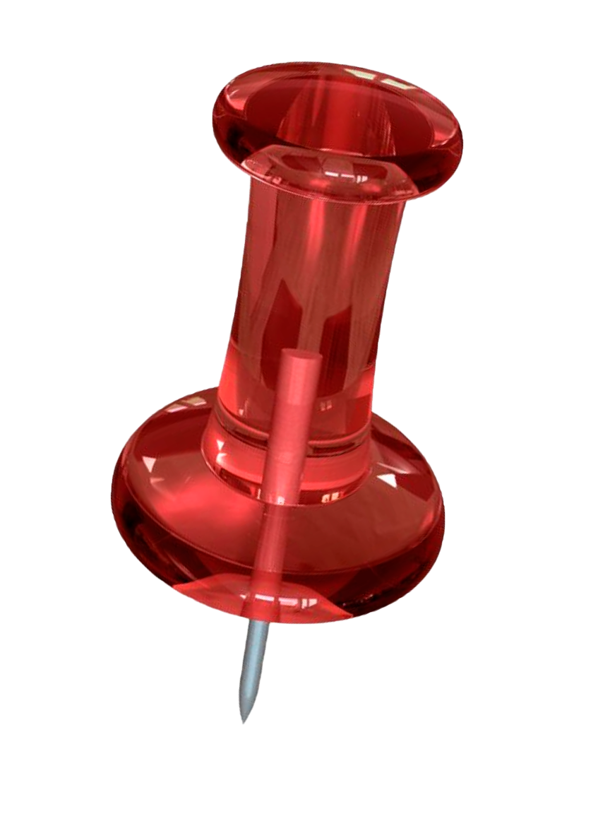 Close-up of a red push pin with a sharp metal point.