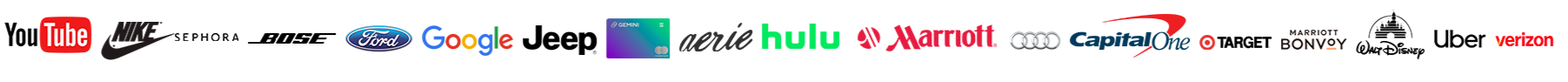 Collection of logos including YouTube, Nike, Ford, Google, Microsoft, Porsche, Gemini, Audi, Mercedes-Benz, and Verizon representing brands supported through The Aux Co’s creative production work.