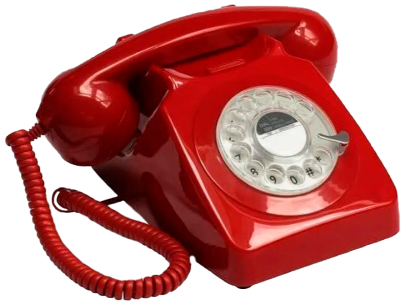 Vintage red rotary telephone representing outdated communication systems that The Aux Co replaces with modern, embedded production support.