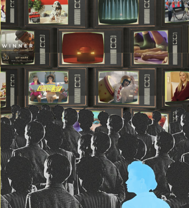 Silhouetted audience watching multiple vintage television screens, representing content saturation and the need for strategic creative production to stand out.