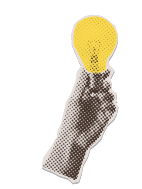 Illustration of a hand holding a lightbulb, representing strategic creative problem solving and production clarity provided by The Aux Co.