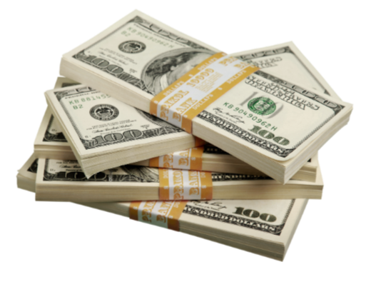 Stacks of bundled hundred dollar bills symbolizing the production cost savings and budget efficiency agencies gain through The Aux Co.