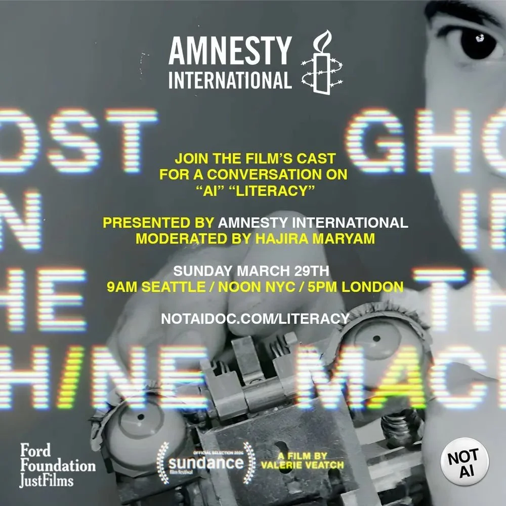 A promotional poster for a film discussion titled 'AI Literacy,' presented by Amnesty International, scheduled for March 29th at different times in Seattle, New York, and London. The poster features distorted neon text and images of a person's face and a robot hand, with details about the event's moderator, credits, and sponsors, including Ford Foundation and Sundance. The poster also indicates it is not about AI.