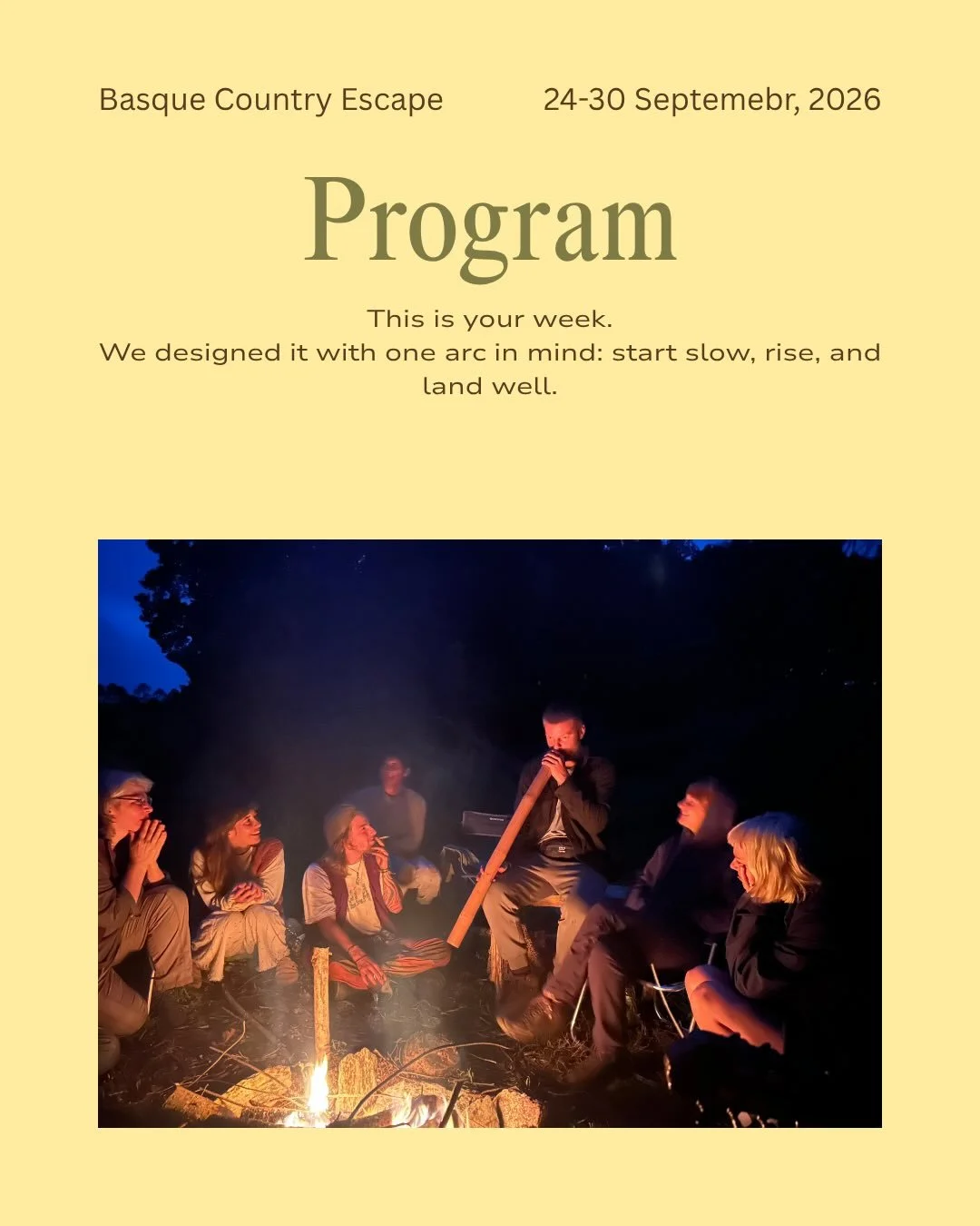 We didn&rsquo;t just fill every day. We designed the week like a curve &mdash; slow arrival, a build, a peak, and a proper landing. Swipe to see how it unfolds.

September 24&ndash;30, 2026 &middot; 3 spots left &middot; link in bio