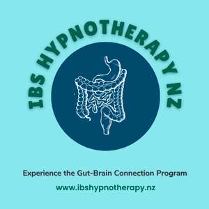 IBS Hypnotherapy NZ logo featuring an illustration of the digestive system and the text 'Experience the Gut-Brain Connection Program'
