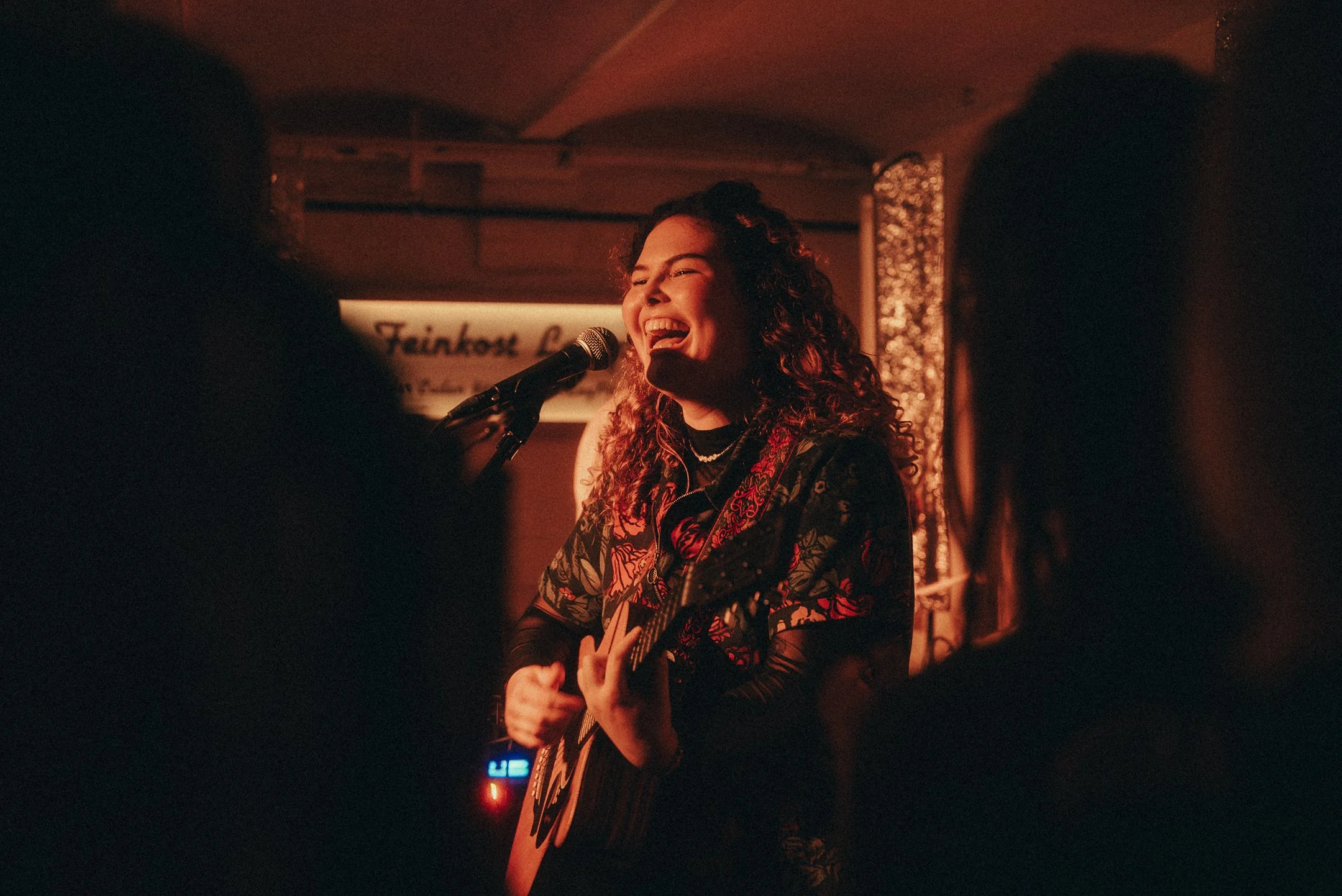 Eine Frau mit lockigem Haar spielt Gitarre und singt an einem Mikrofon in einer bar oder einem Club, umgeben von dunklem Licht und silbernen Deko-Elementen.
