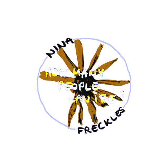 Ein bunter Kreis mit handgeschriebenem Text 'How many people can I Be?' und umlaufendem Wort 'Nina Freckles', umgeben von langen, goldfarbenen Strichen auf schwarzem Hintergrund.