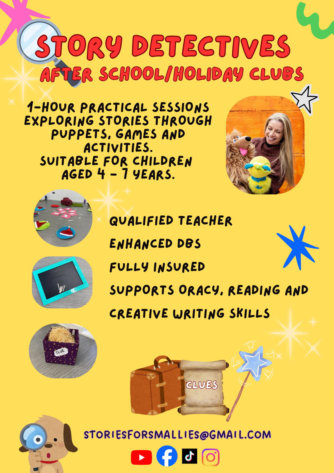 Flyer for story detective after school/holiday clubs featuring images of puppets, a chalkboard with clues, and a dog with a magnifying glass, set against a yellow background with colorful decorations.