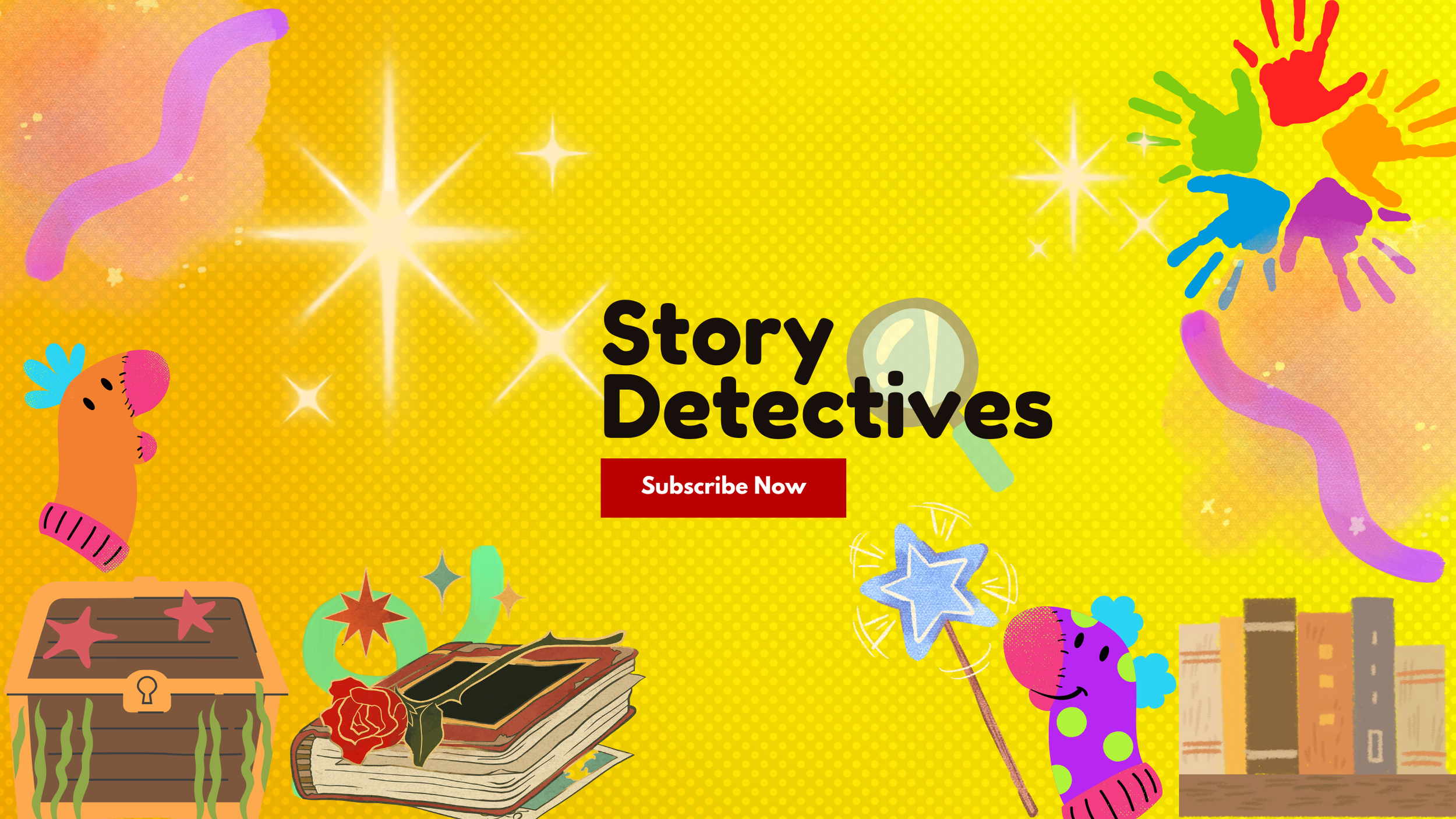 Colorful cartoon illustration with a yellow background, stars, confetti, books, treasure chest, a magnifying glass, magic wand, knitted socks, and handprints in different colors, promoting a channel called 'Story Detectives' with a red 'Subscribe Now' button.