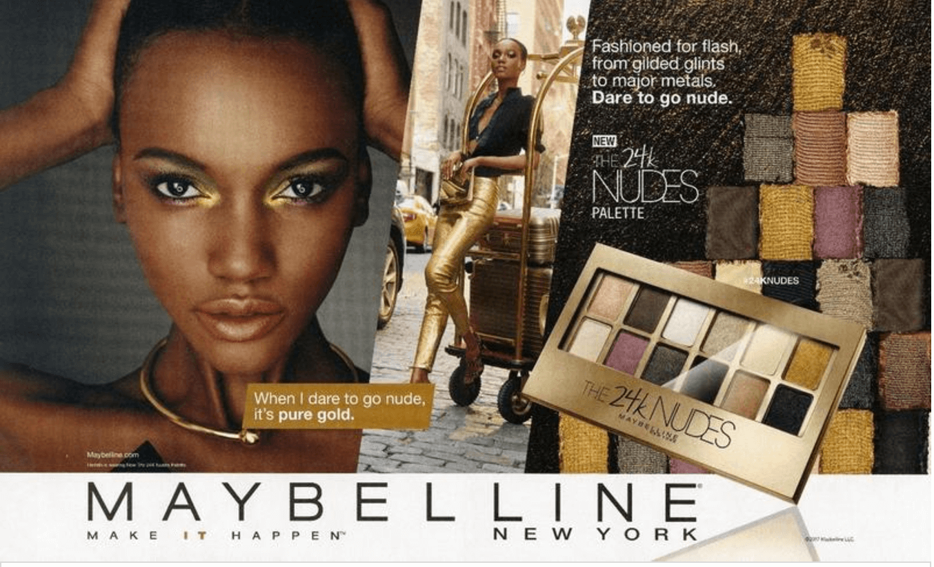 An advertisement for Maybelline makeup featuring a woman with gold eyeshadow, a women in gold pants pushing a metal cart, and an eyeshadow palette titled 'The 24k Nudes Palette' with various shades of eyeshadow displayed.