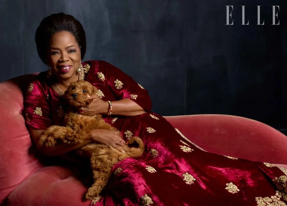 A woman in a red and gold embroidered dress sitting on a pink sofa, holding a small brown puppy.