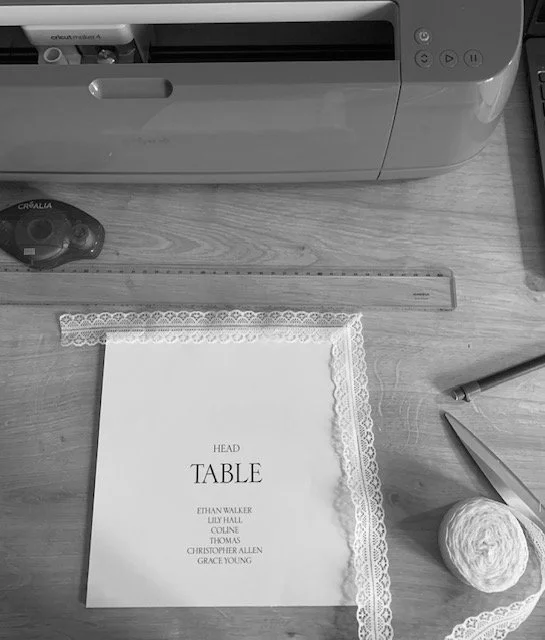 Une feuille de papier avec le titre 'HEAD TABLE' et une liste de noms, entourée de dentelle, posée sur une table en bois