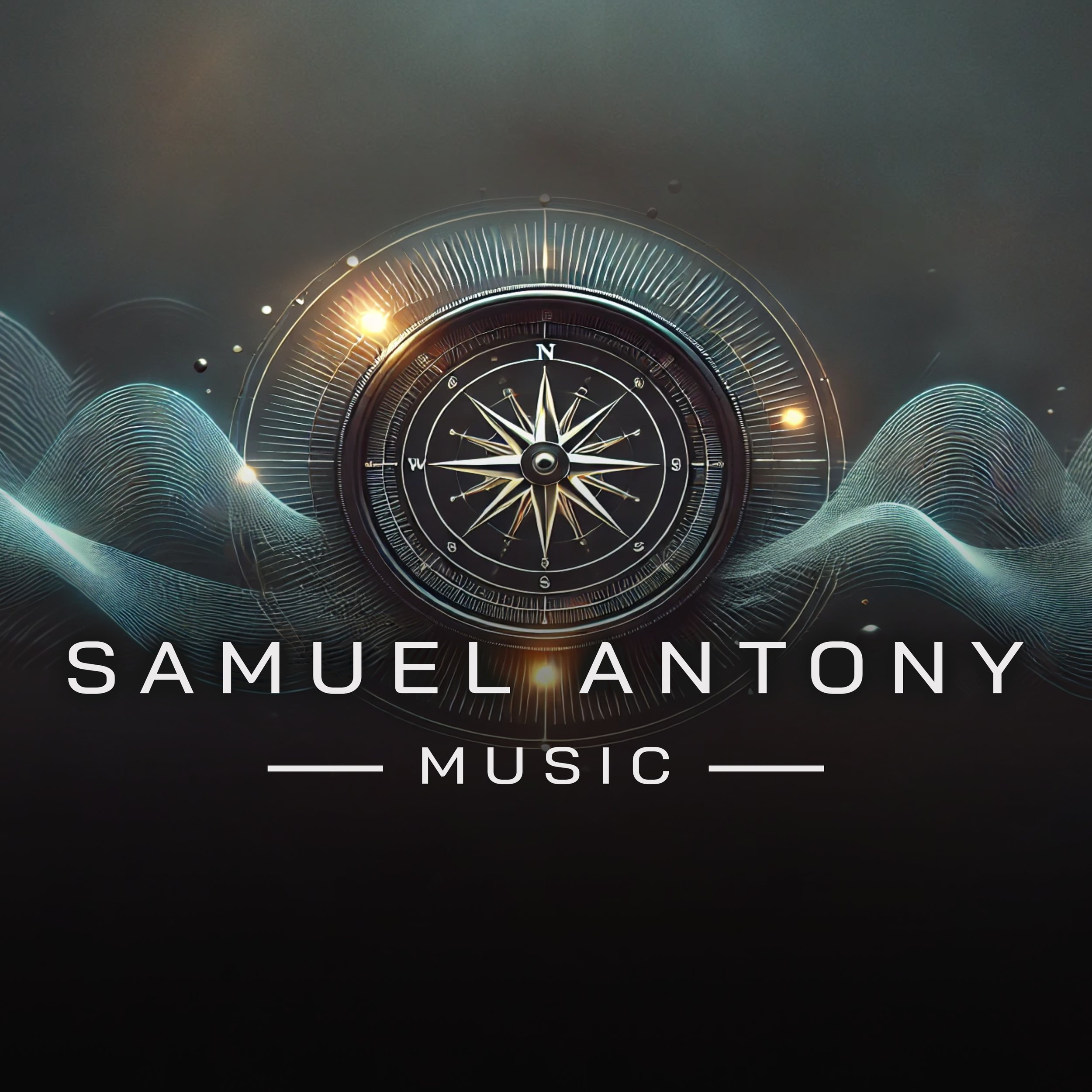 A digital graphic design featuring a compass with a black background and wave-like lines, with the text 'Samuél Antony Music' beneath the compass.