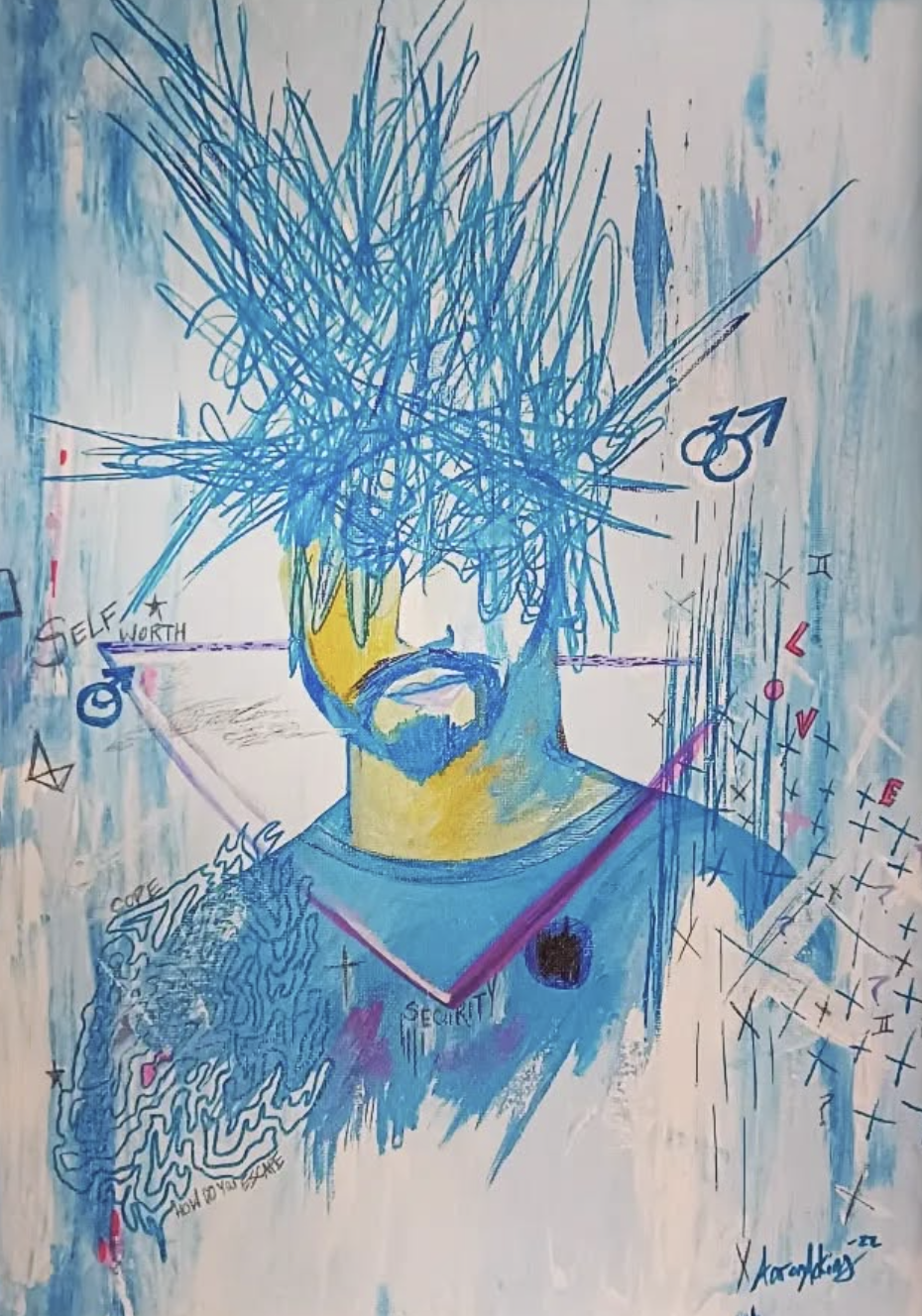 Abstract portrait of a man with blue scribbles for hair, glasses, a goatee, and a blue shirt with the words "Security" written on it. The background features various doodles, words like "self-worth" and "love," and geometric patterns.
