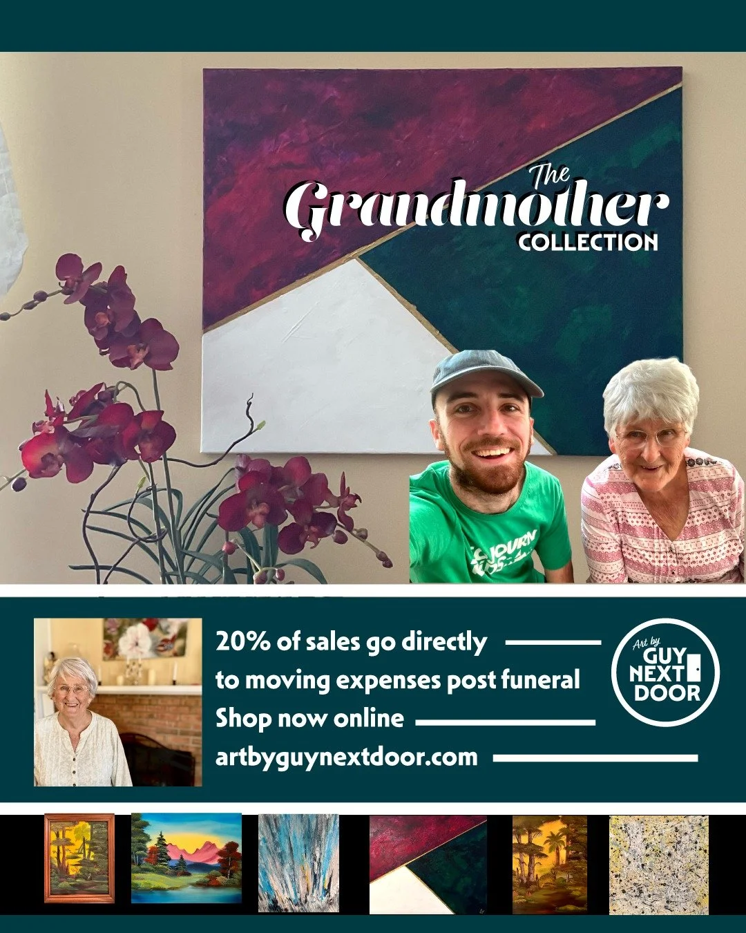 Introducing the Grandmother Collection! Art by Guy Next Door has gathered artworks the grandmother bought and will be providing at least 20% of sales to go directly to the artist and his moving expernses. The unexpected death was January 23, the fune