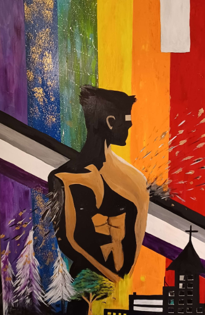 A mural featuring a silhouette of a muscular man with a flat-top hairstyle, set against a rainbow-colored background. The scene includes a church steeple, trees, and city buildings, with a vibrant and expressive paint style.