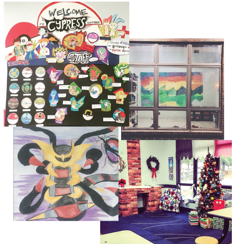 A decorated interior space featuring a colorful welcome sign for Cypress Cottage with Pokémon-themed decorations, a large painting of a bug Pokémon on a wall, a window with a mural of a sunset or sunrise landscape, and a room with a Christmas tree and holiday decorations.