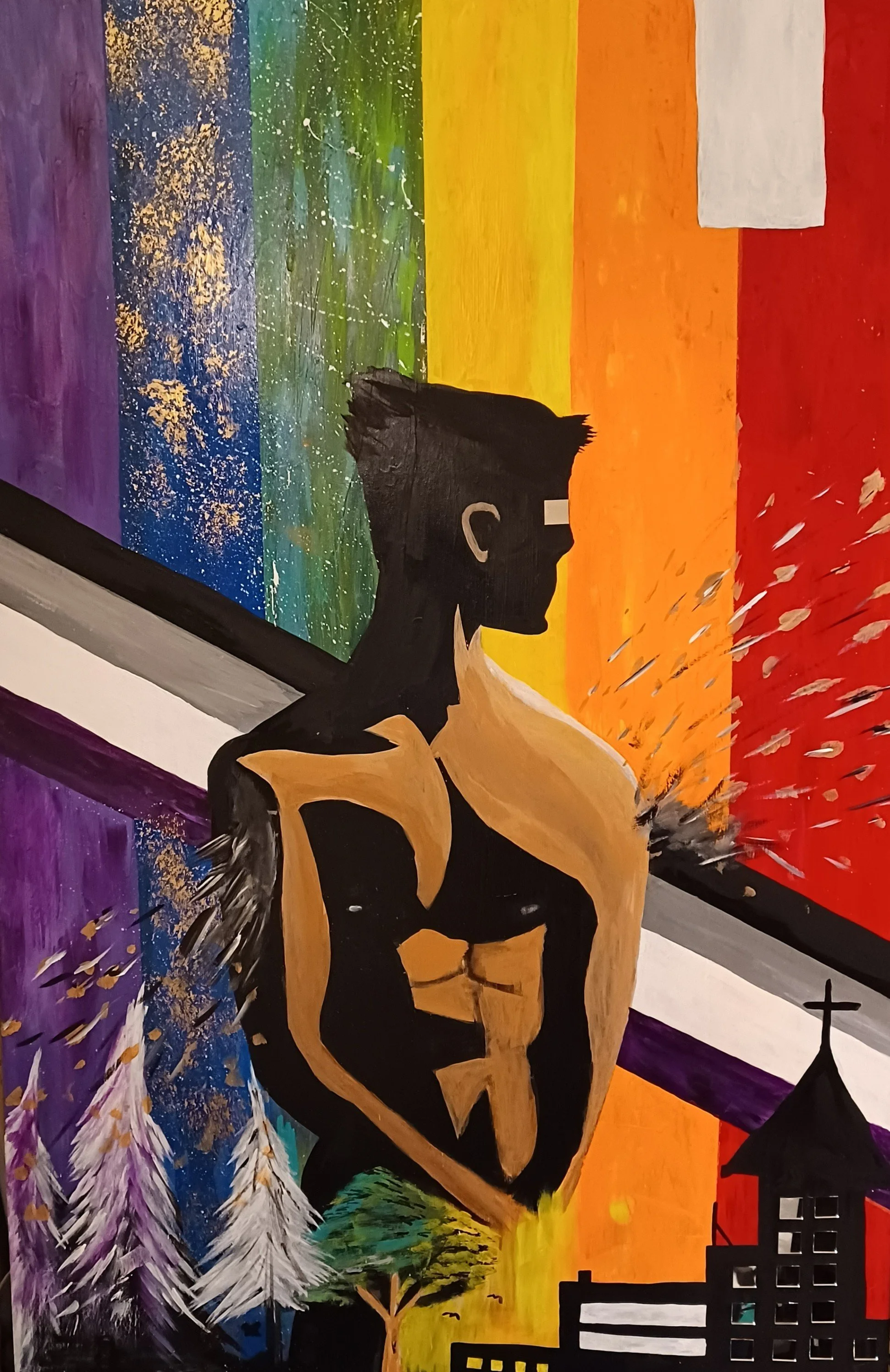 A colorful painting of a person with a badge on a rainbow background, with trees, a church, and a sunset.