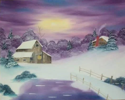 A snowy winter landscape with farmhouse and barn, snow-covered trees, a wooden fence, and a purple sky with a glowing sun.