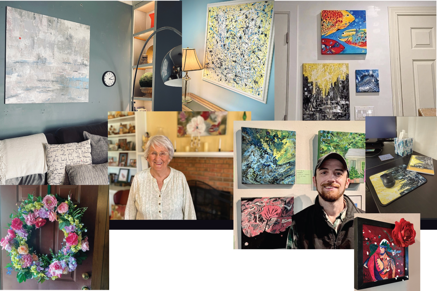 A collage of images including abstract paintings on walls, a cozy living room with pillows, a smiling elderly woman, a young man in front of colorful artwork, a floral wreath on a door, a desktop with art supplies, and a classroom or gallery setting with various paintings displayed.