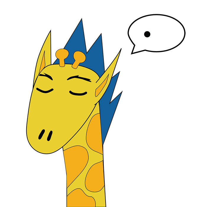 Cartoon giraffe with blue spiky hair and closed eyes, speaking in a speech bubble.