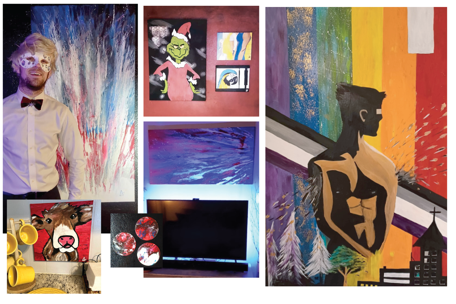 Collage of various artworks and a person at an art gallery. The person is smiling, wearing a white shirt with a red bow tie and a leopard print mask. Behind him are colorful abstract paintings, including a large rainbow-hued landscape, a portrait of a woman with a yellow background, a Grinch figure with a Santa hat, and a cat's face. There are also smaller art pieces, a television screen displaying a cosmic scene, a sculpture of a cow, and some yellow cups on a counter.