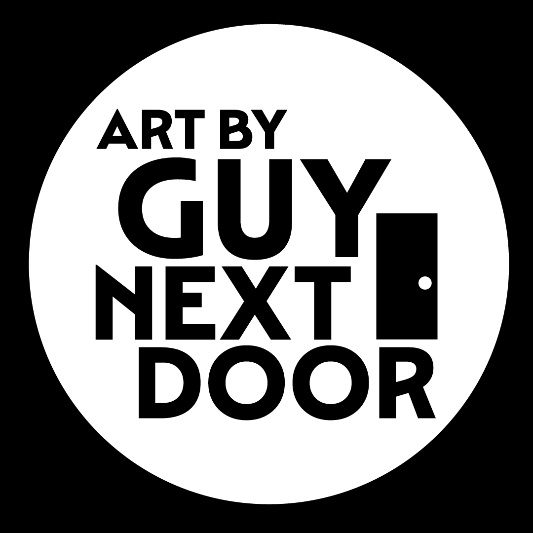 Circle sign with bold black text reading "Art by Guy Next Door" and a door icon with a doorknob.