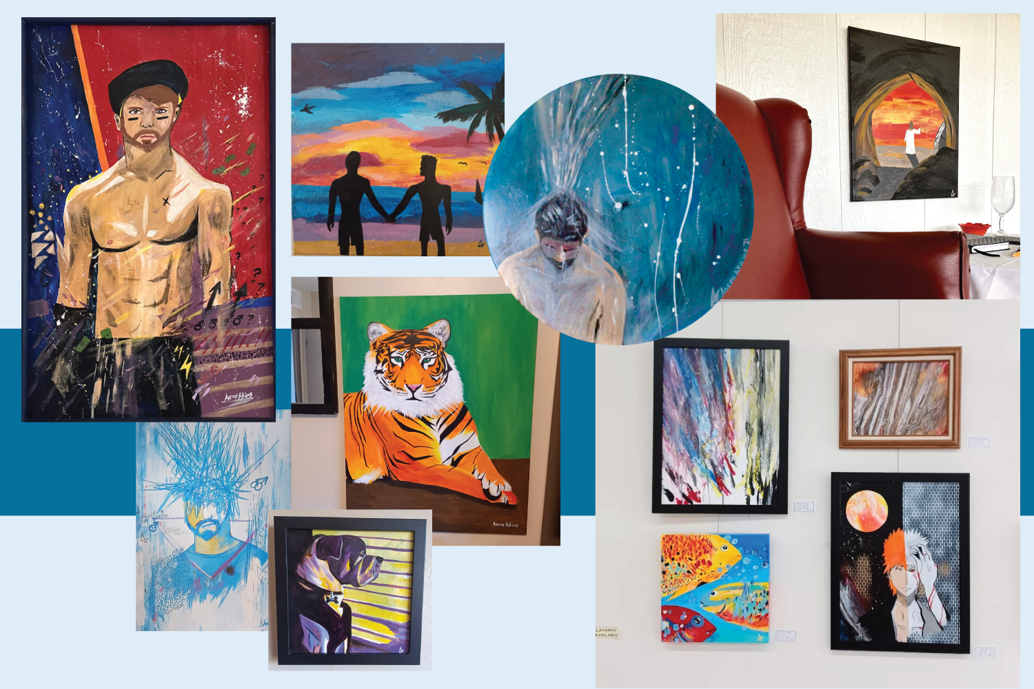 A collage of multiple artwork pieces, including paintings and illustrations, displayed on walls and a gallery setting. The artworks feature a variety of styles and subjects including portraits, animals, abstract designs, and scenic views.