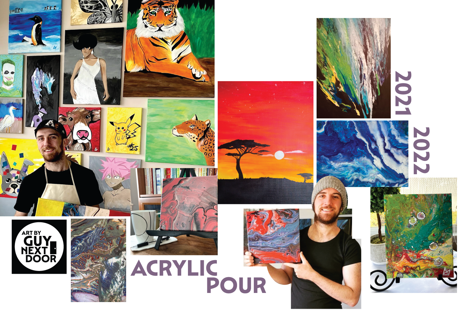 Two smiling men in black shirts, one wearing a beige apron and the other a gray beanie, standing in front of a colorful art display. The artwork includes paintings of animals, abstract designs, and a sunset landscape, with some paintings being held by the men and others hanging on the wall.