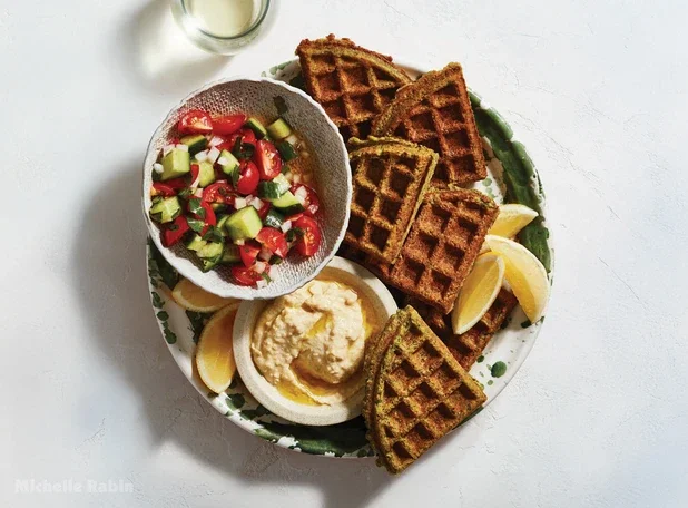 Falafel Waffles with Middle-Eastern Chopped Salad and Hummus