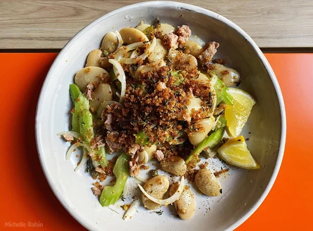 White bean salad with herby brown butter bread crumbs