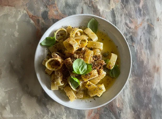 Pantry Pasta with Canned Mackerel and Brown Butter Anchovy Bread Crumb