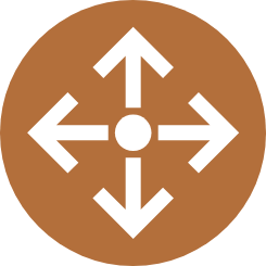 Icon of four arrows pointing in all four directions around a central circle on a brown background.