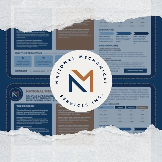 Brochure or flyer for National Mechanical Services Inc. with a torn paper effect, featuring company logo and information on the services offered, including a growth plan and contact details.