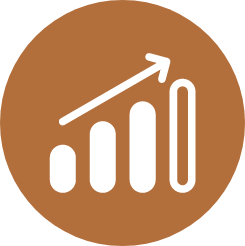 White upward-trending bar graph with an arrow on a brown circular background.
