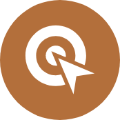 A brown round background with a white target and arrow icon in the center.