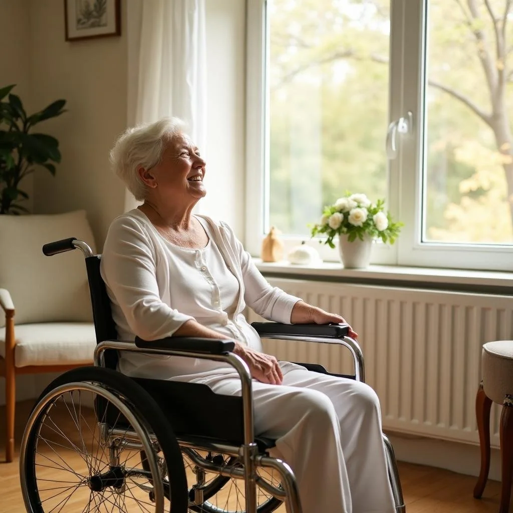 An elderly woman with white hair sitting in a wheelchair, smiling and looking out the window in a bright room with a potted plant and flowers on the windowsill.