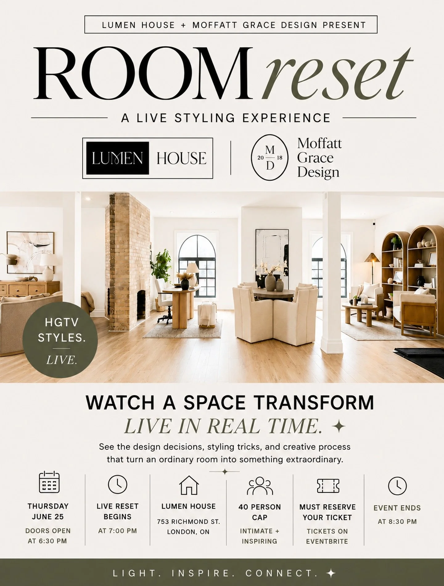 What if you could watch an HGTV-style room transformation happen live?

On Thursday, June 25th, a space inside Lumen House will transform in real time during ROOM RESET &mdash; an intimate live styling experience in collaboration with @moffattgracede