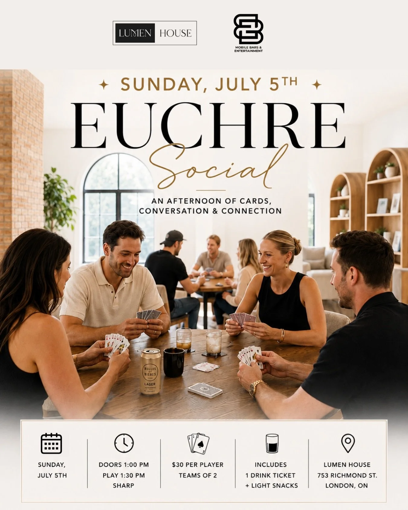 &clubs;️ Sunday Euchre Social at Lumen House &clubs;️

Good cards. Great company. A Sunday afternoon well played.

Format:
Players will register in teams of two and compete in a rotating round robin format, playing multiple matches against different 