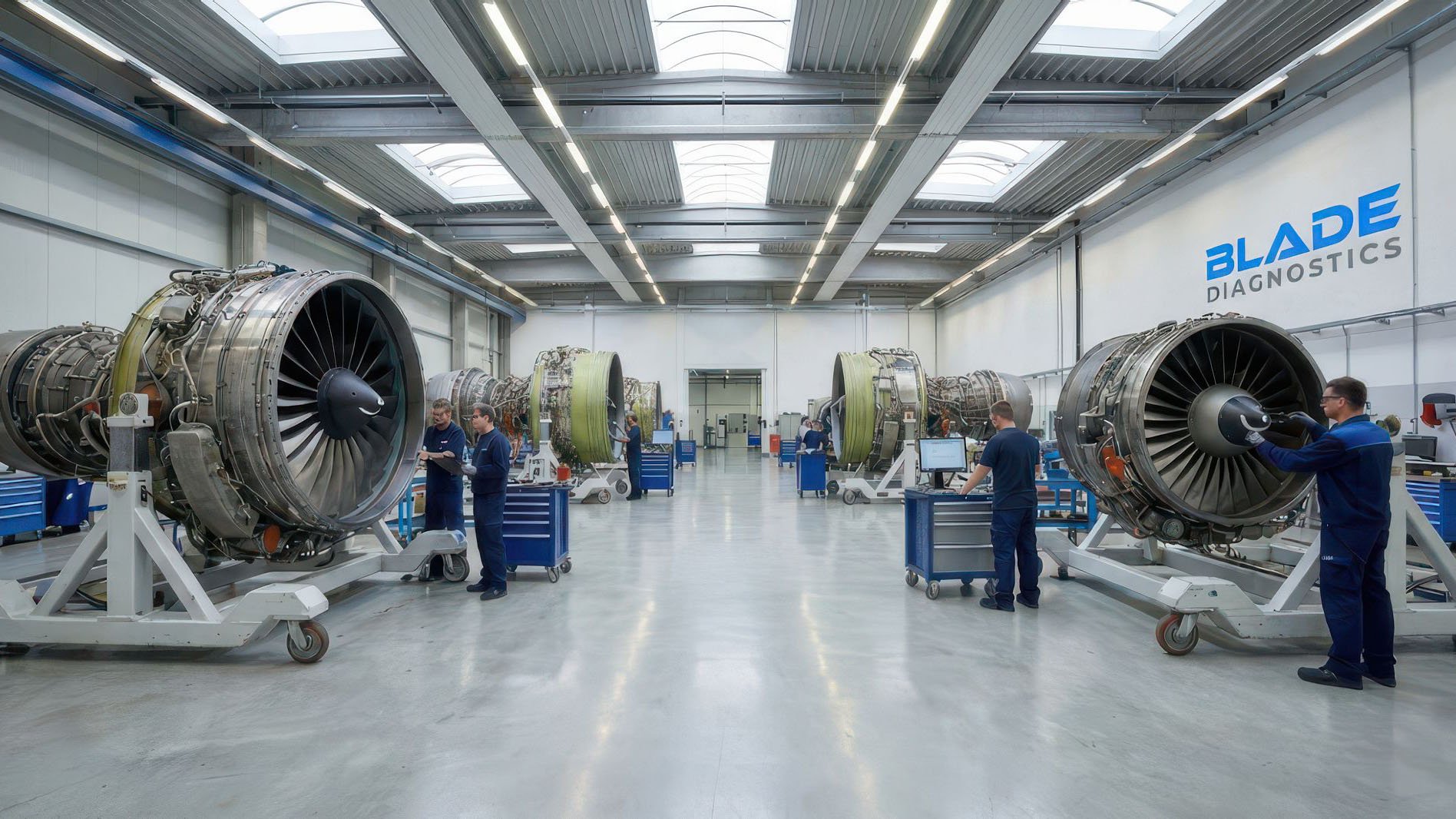 Inside an aircraft engine manufacturing or maintenance facility, with several large aircraft engines on stands and technicians working on them, some using tools and computers, with a sign that reads "Blade Diagnostics" on the wall.