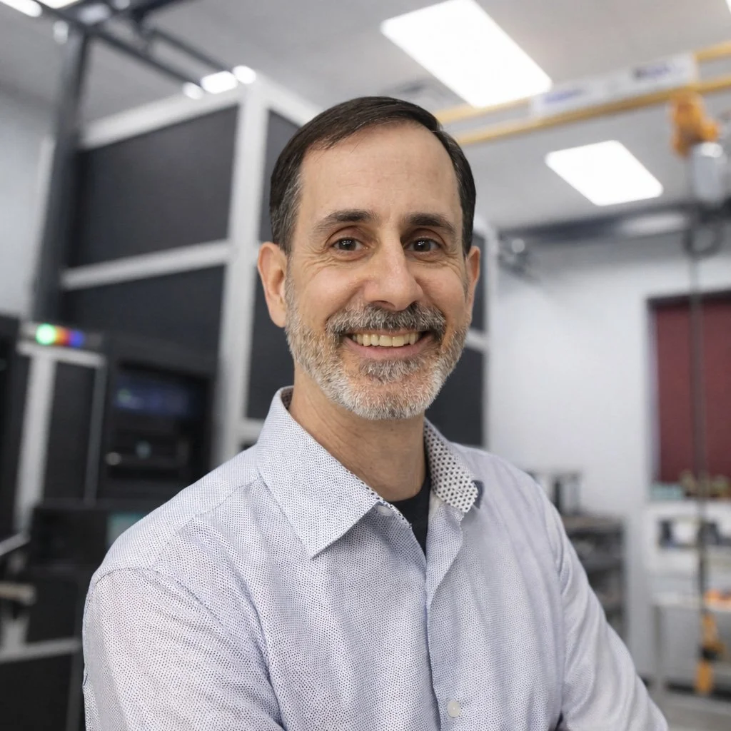 A smiling middle-aged man with a beard and dark hair, wearing a light-colored collared shirt, standing in a technology or data center environment with server racks and equipment in the background.