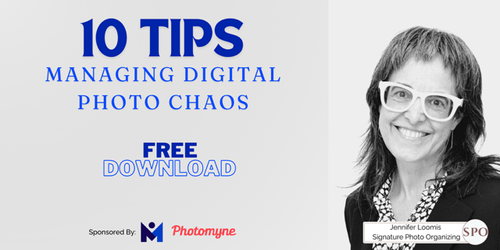 Poster titled '10 Tips Managing Digital Photo Chaos' offering free download, sponsored by Photomyne, with a smiling woman wearing glasses on the right side.