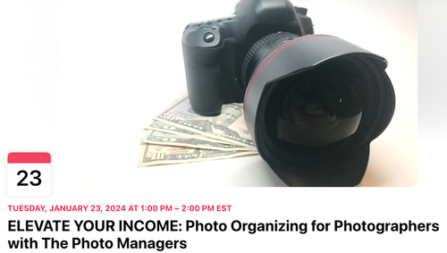 Professional camera with a large lens placed on a desk with cash underneath, and a calendar icon showing January 23, 2024.