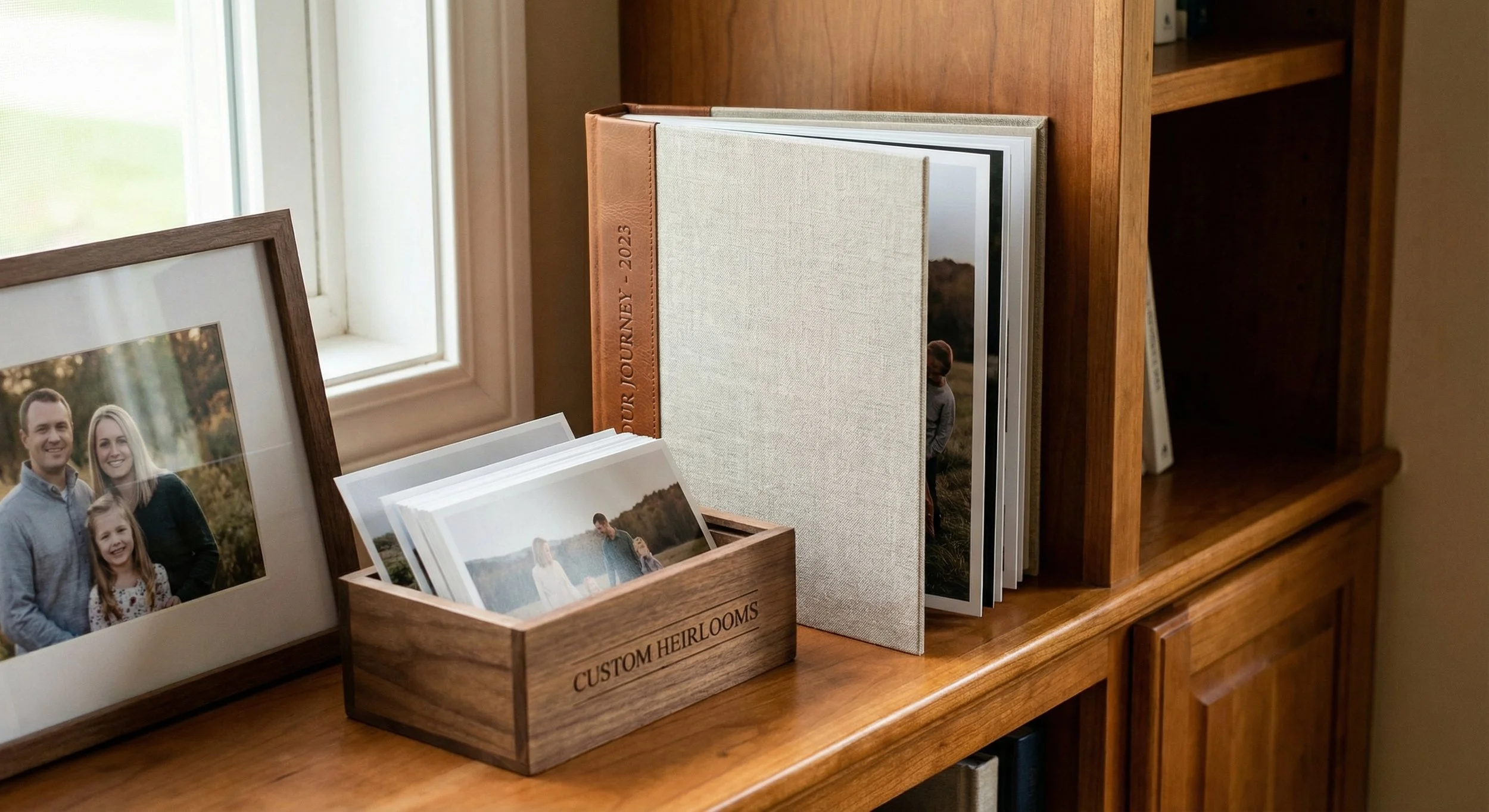 Photographs and photo albums on a wooden shelf near a window, with a framed family picture of a man, woman, and girl, and a wooden box labeled 'Custom Heirlooms' containing printed photographs. There's also a beige photo album and a larger white photo album.