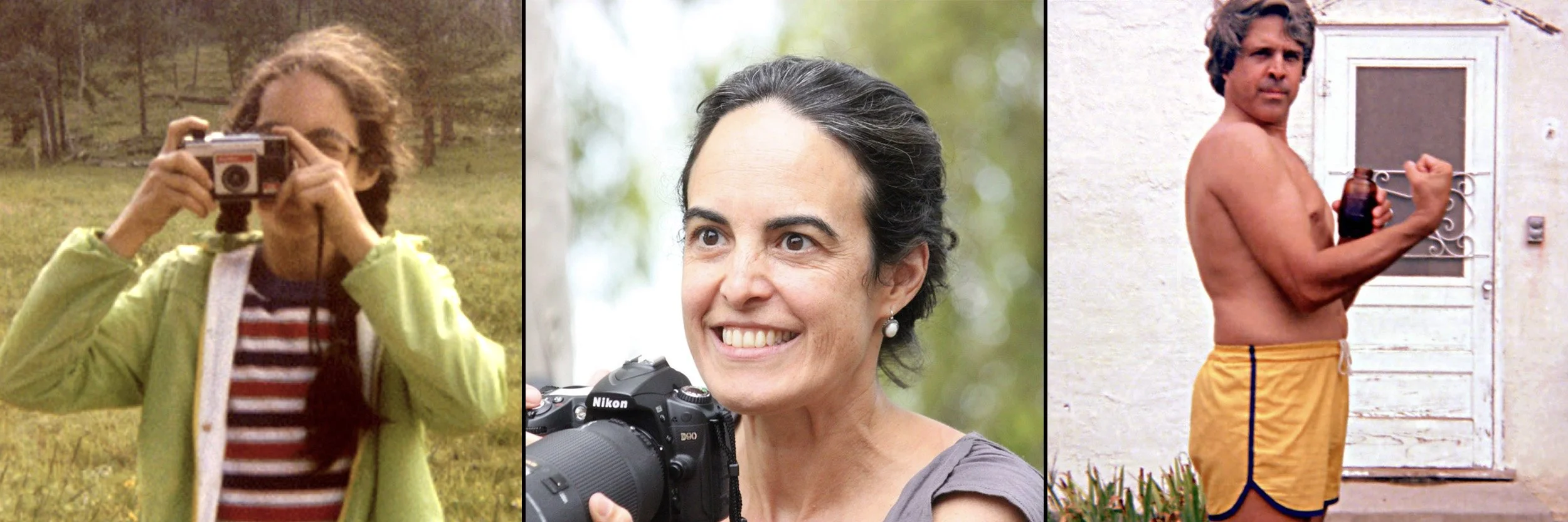 Three people holding cameras, standing outdoors. The person on the left is a woman with glasses and curly hair, wearing a green jacket and a striped shirt, taking a photo. The person in the middle is a woman with short dark hair, smiling and holding 