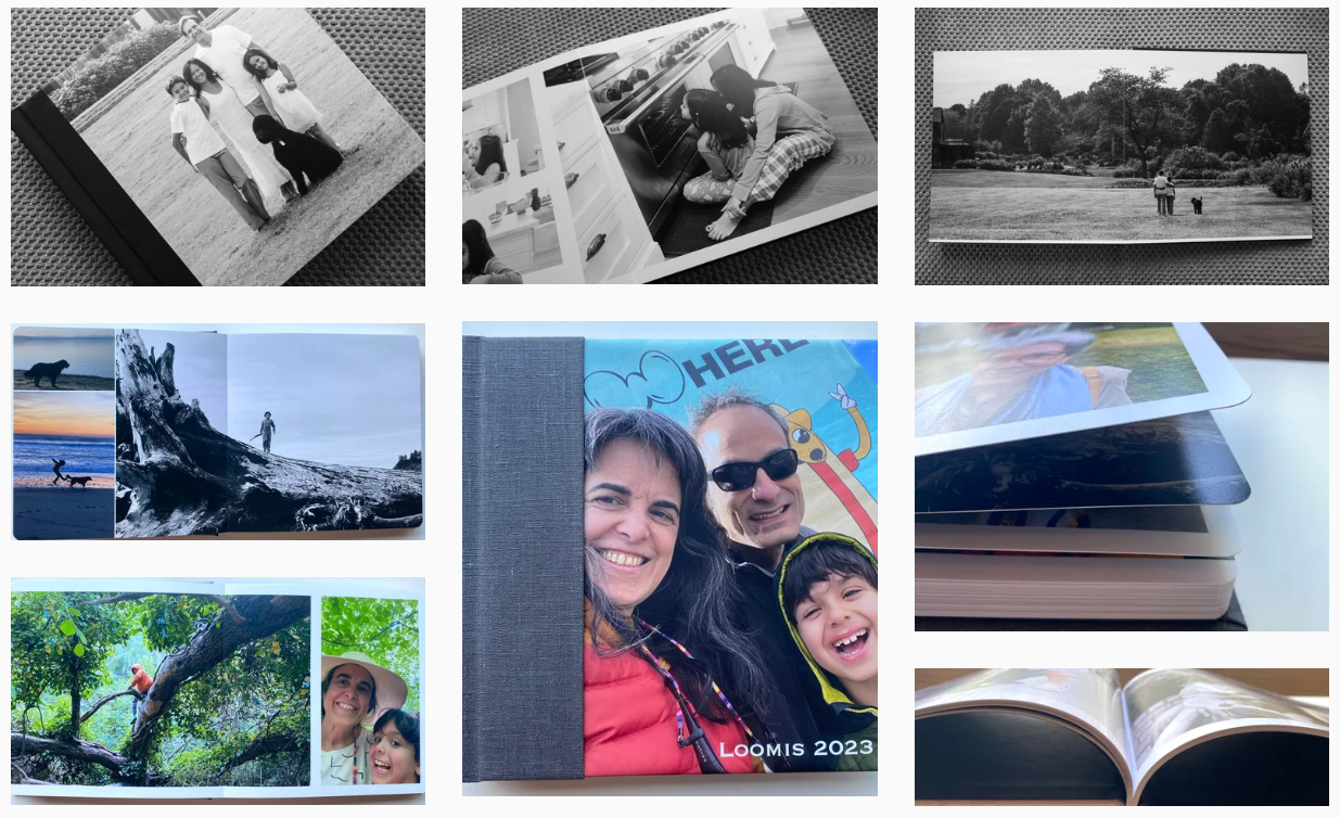 A collage of various photographs including family and outdoor scenes. Black and white photos showing children and adults together, a park scene with two people and a dog, nature shots with animals, a family portrait with smiling faces, and pictures of open photo books and printed photographs.
