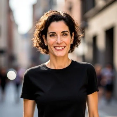 A woman with short curly dark hair, smiling, wearing a black T-shirt, walking outdoors in an urban setting.